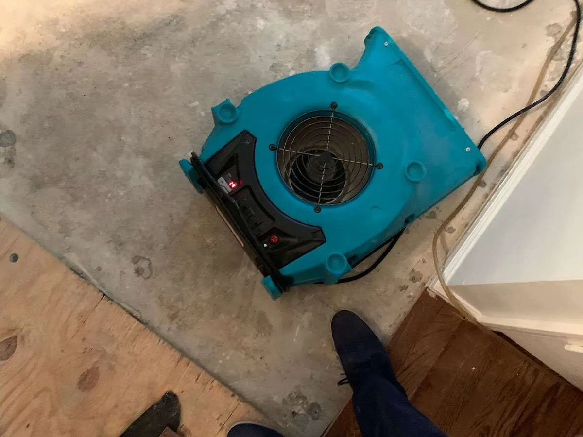 Air mover drying subfloor during Leak Detection & Repair in Roseburg